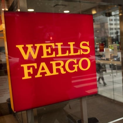 Signage at a Wells Fargo bank branch in New York.